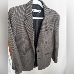 ZARA Women’s Brown Houndstooth Blazer with Elbow Patches